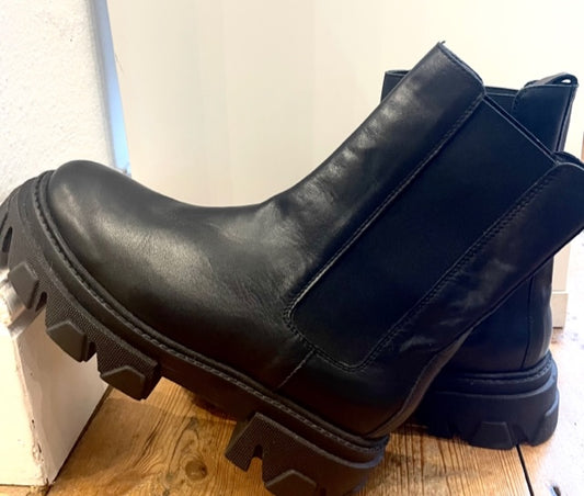 Black Italian leather biker boots with chunky sole